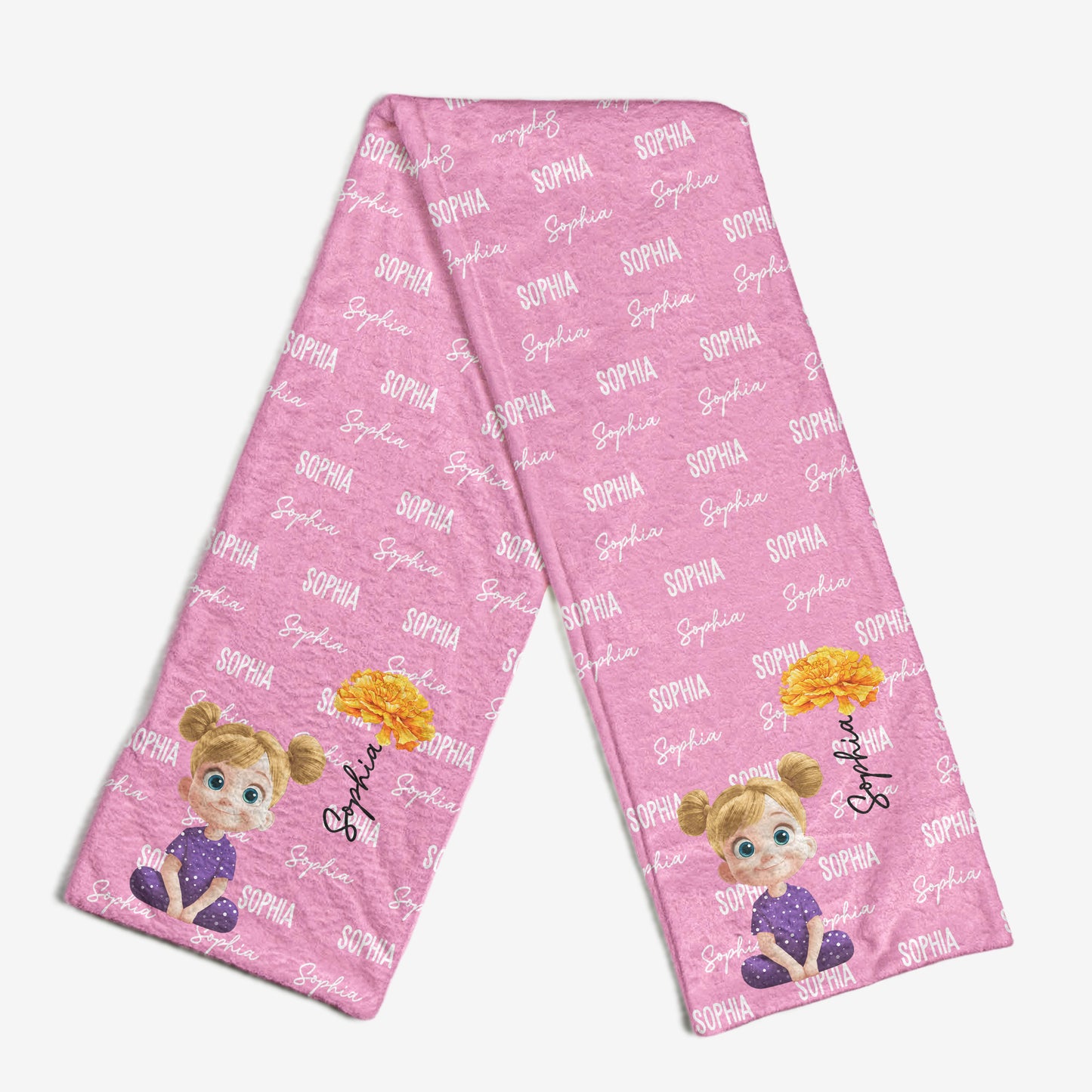Multicolor Cute Cartoon With Birth Flower - Personalized Kid's Fleece Scarf