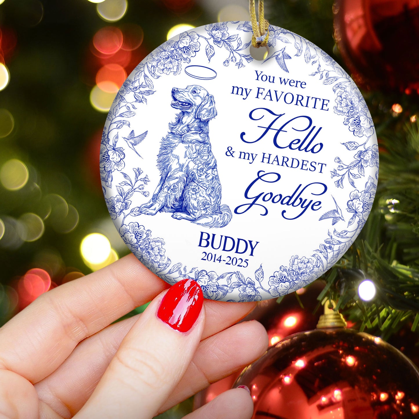 My Favorite Hello & Hardest Goodbye Toile De Jouy - Personalized Ceramic Ornament