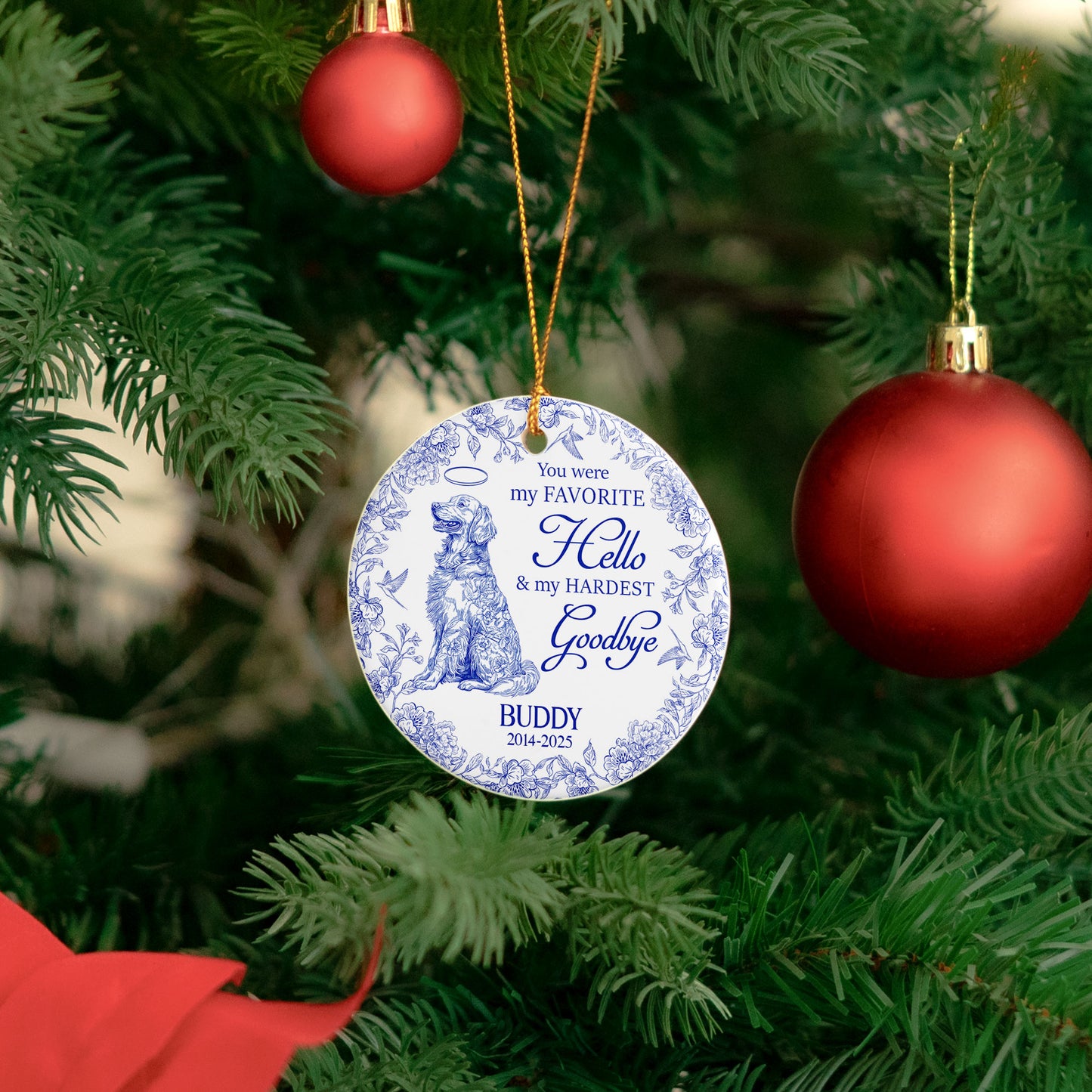 My Favorite Hello & Hardest Goodbye Toile De Jouy - Personalized Ceramic Ornament