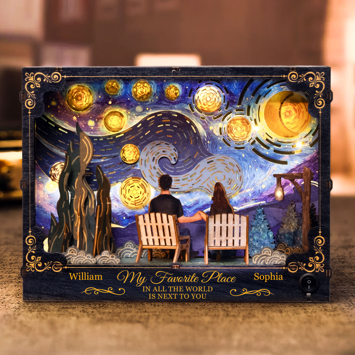 Lit-up personalized book nook diorama on a bookshelf