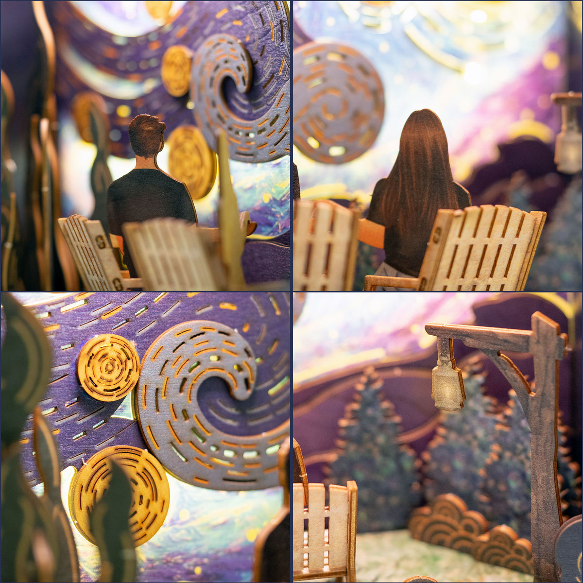 Close-up of the lit personalized book nook scene
