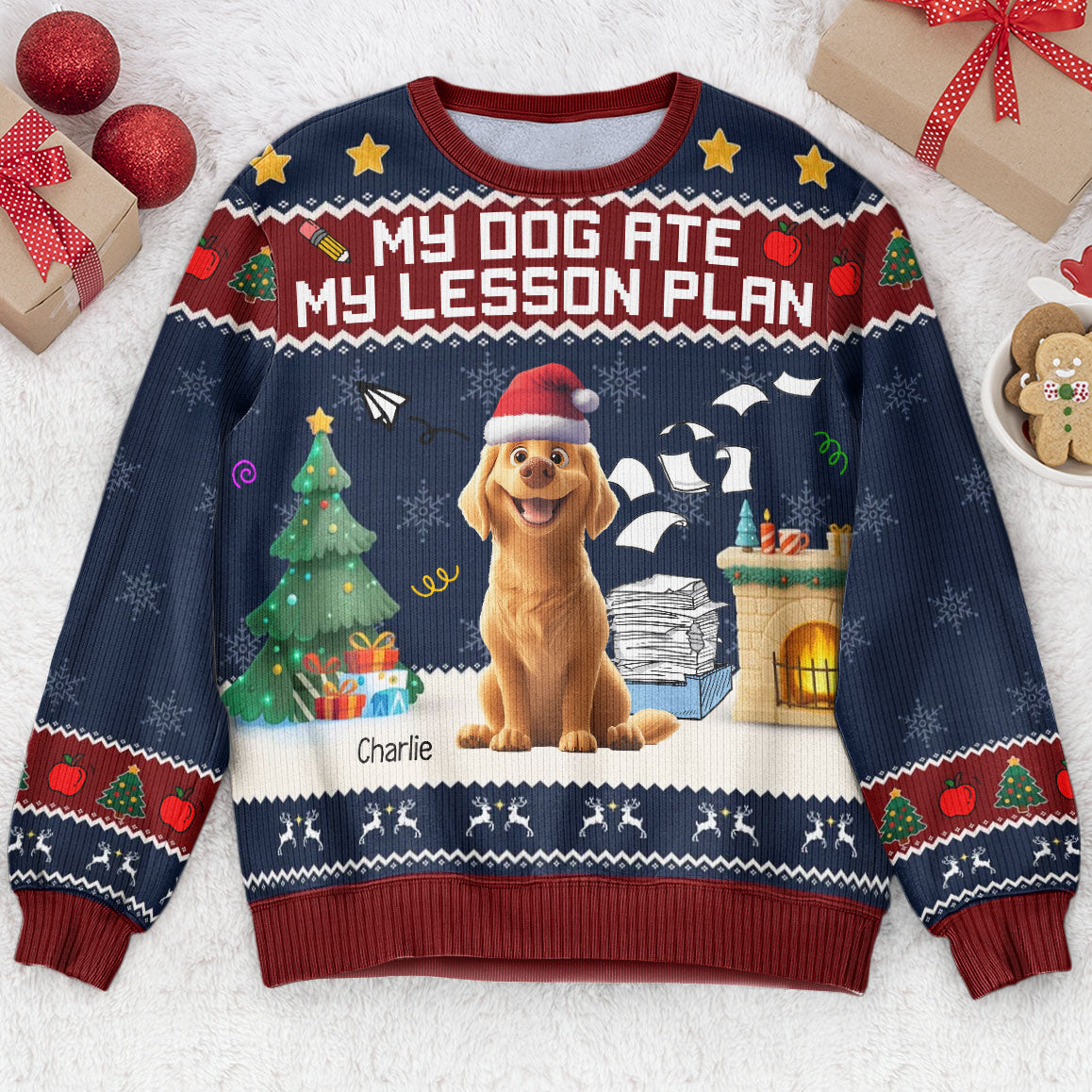 My Dog Ate My Lesson Plan - Teacher Christmas Gift - Personalized Ugly Sweater