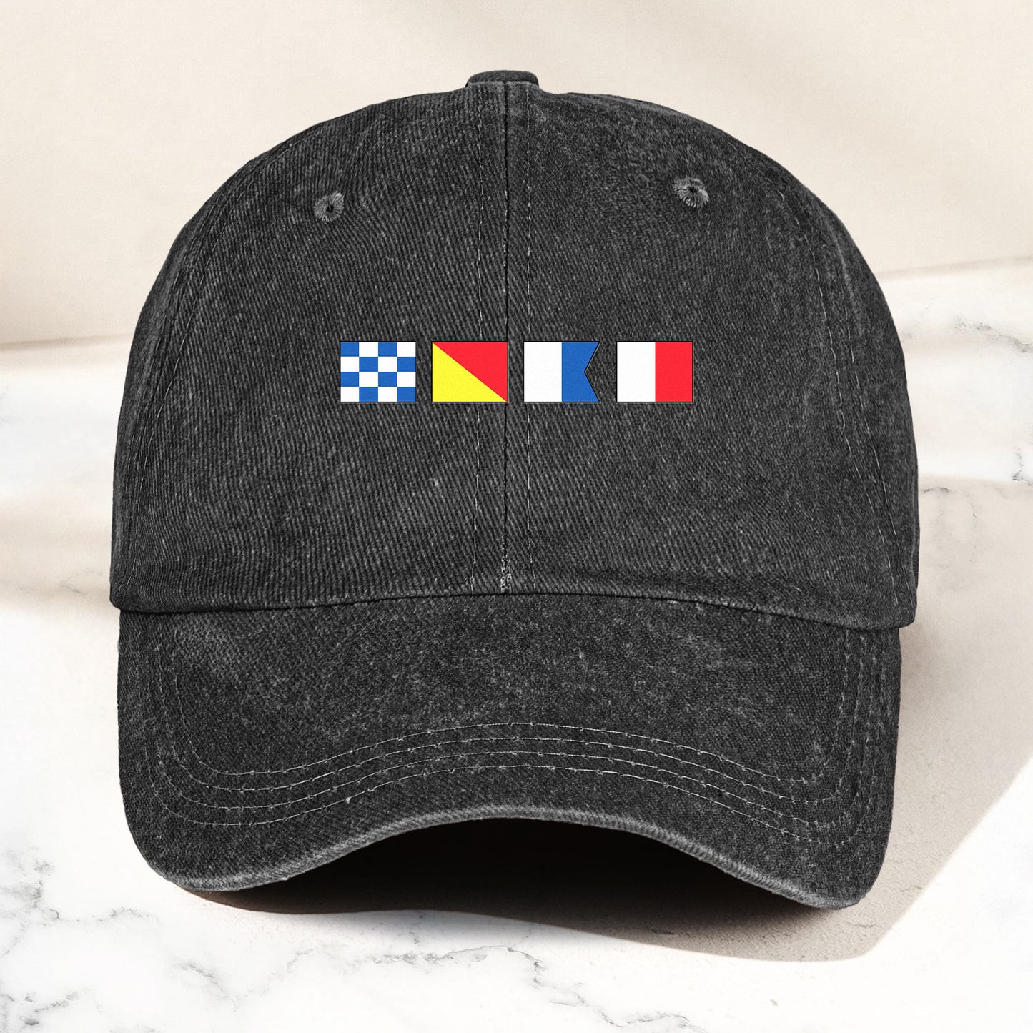 Name In Nautical Flags - Personalized Distressed Denim Cap