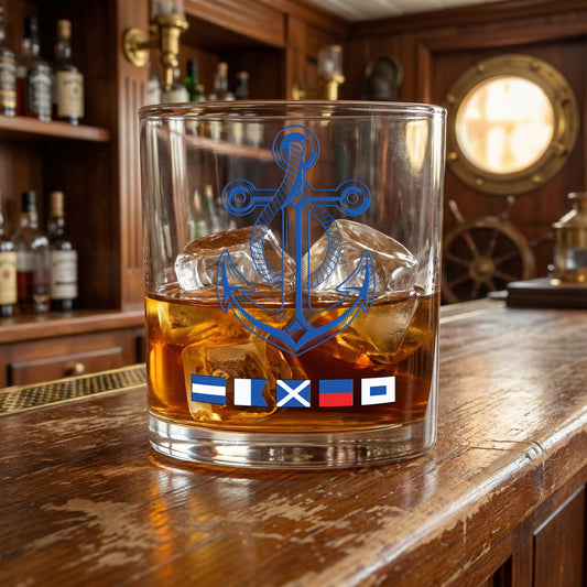 Name In Nautical Flags, Sailor, Anchor Compass Life - Personalized Whiskey Glass