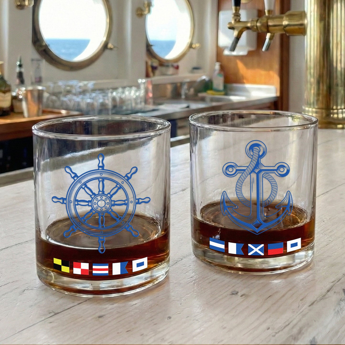 Name In Nautical Flags, Sailor, Anchor Compass Life - Personalized Whiskey Glass