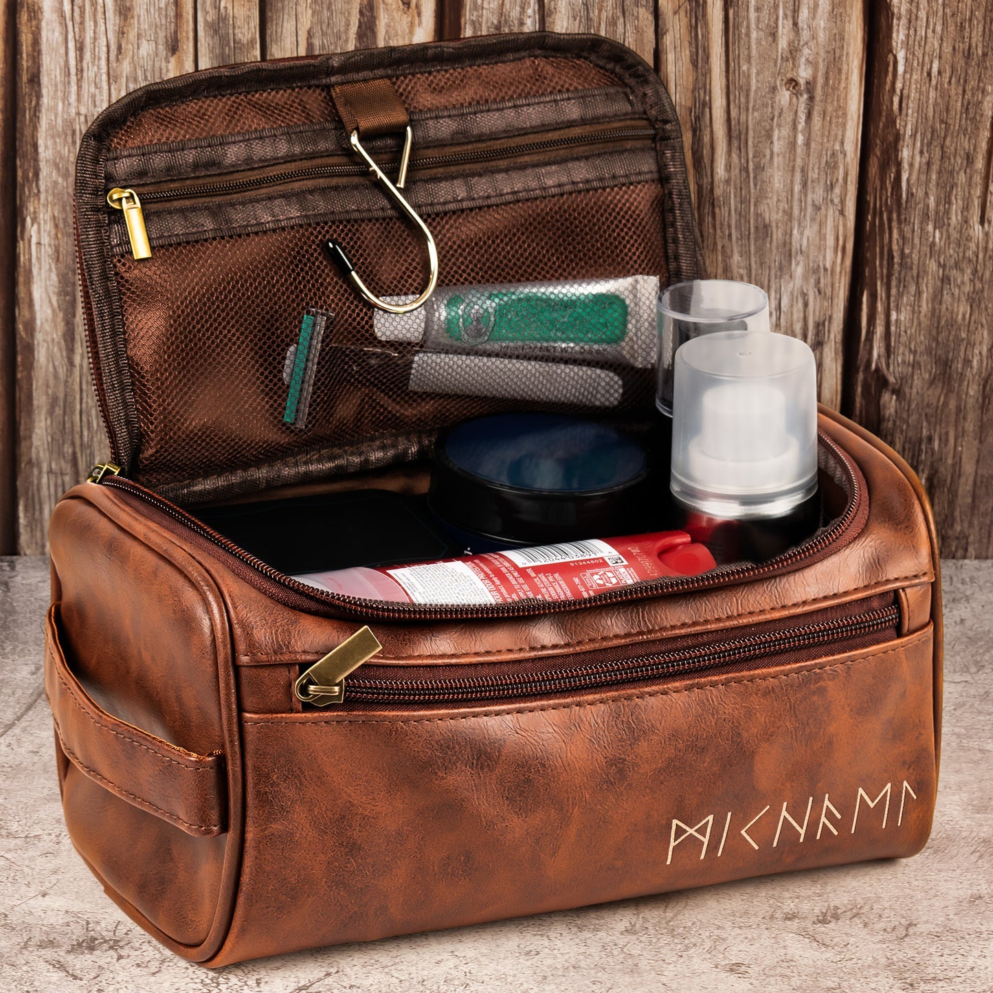 Name In Runes Viking - Personalized Leather Toiletry Bag