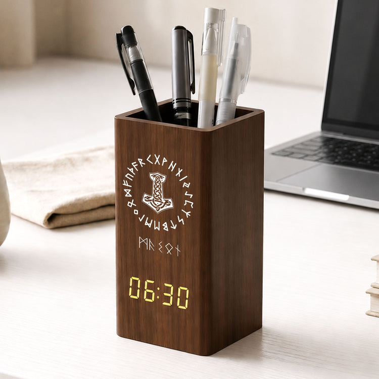 Name-In-Viking-Runes,-Ethnic-Norse,-Norse-Mythology-Personalized-Pen-Holder-With-Clock-2