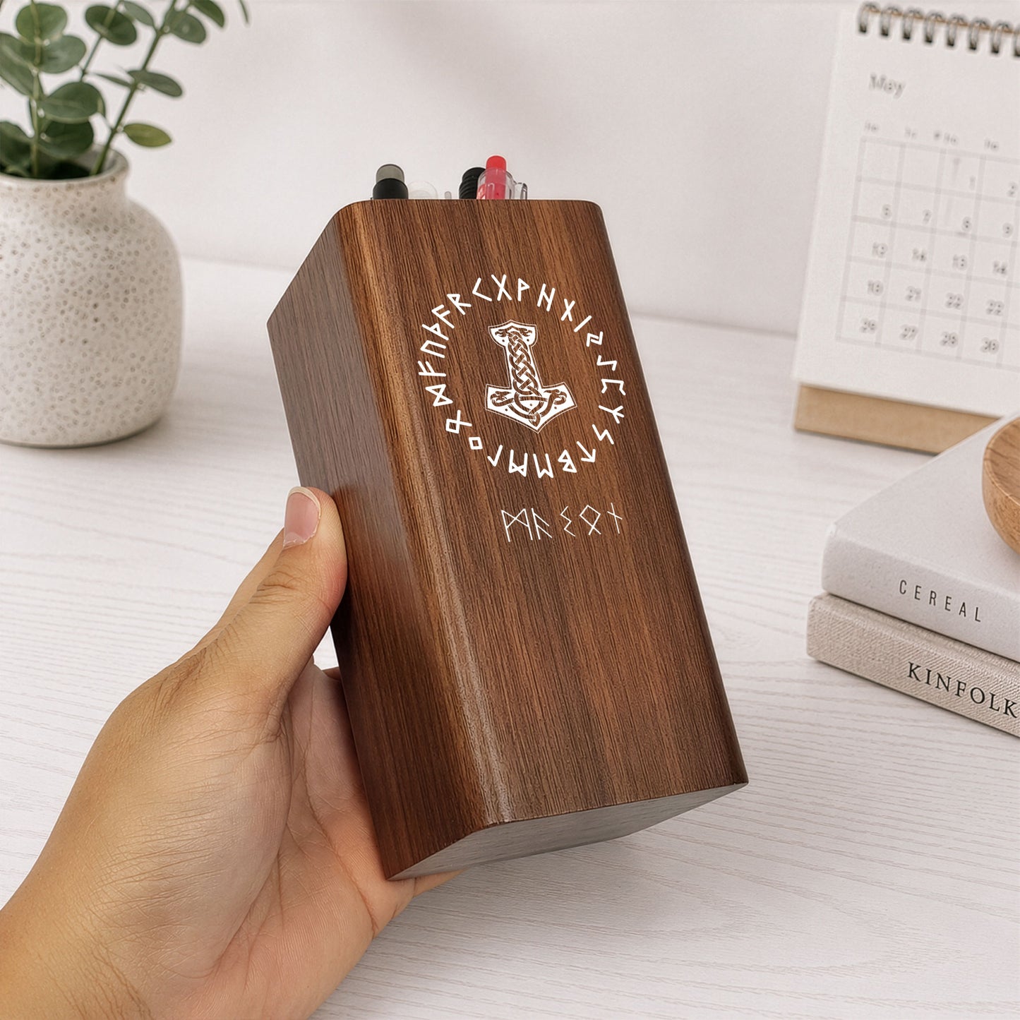 Name-In-Viking-Runes,-Ethnic-Norse,-Norse-Mythology-Personalized-Pen-Holder-With-Clock-3