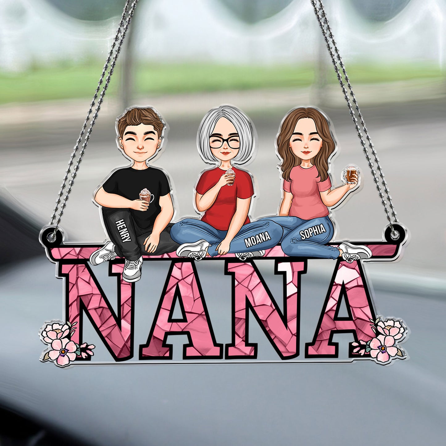 Nana - Children, Sitting Together - Personalized Car Ornament