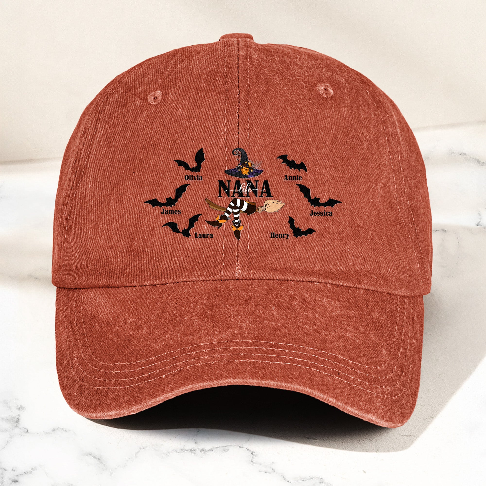 Nana Life - Halloween Witch With Custom Kids Names - Personalized Distressed Denim Cap