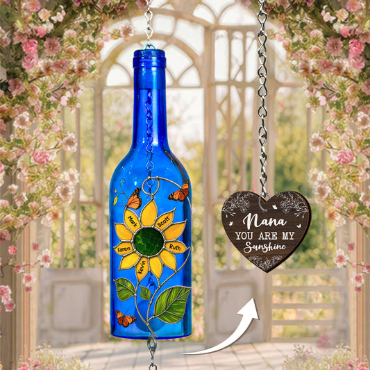 Nana You Are My Sunshine Kids Grandkids Names - Personalized Wine Bottle Wind Chime