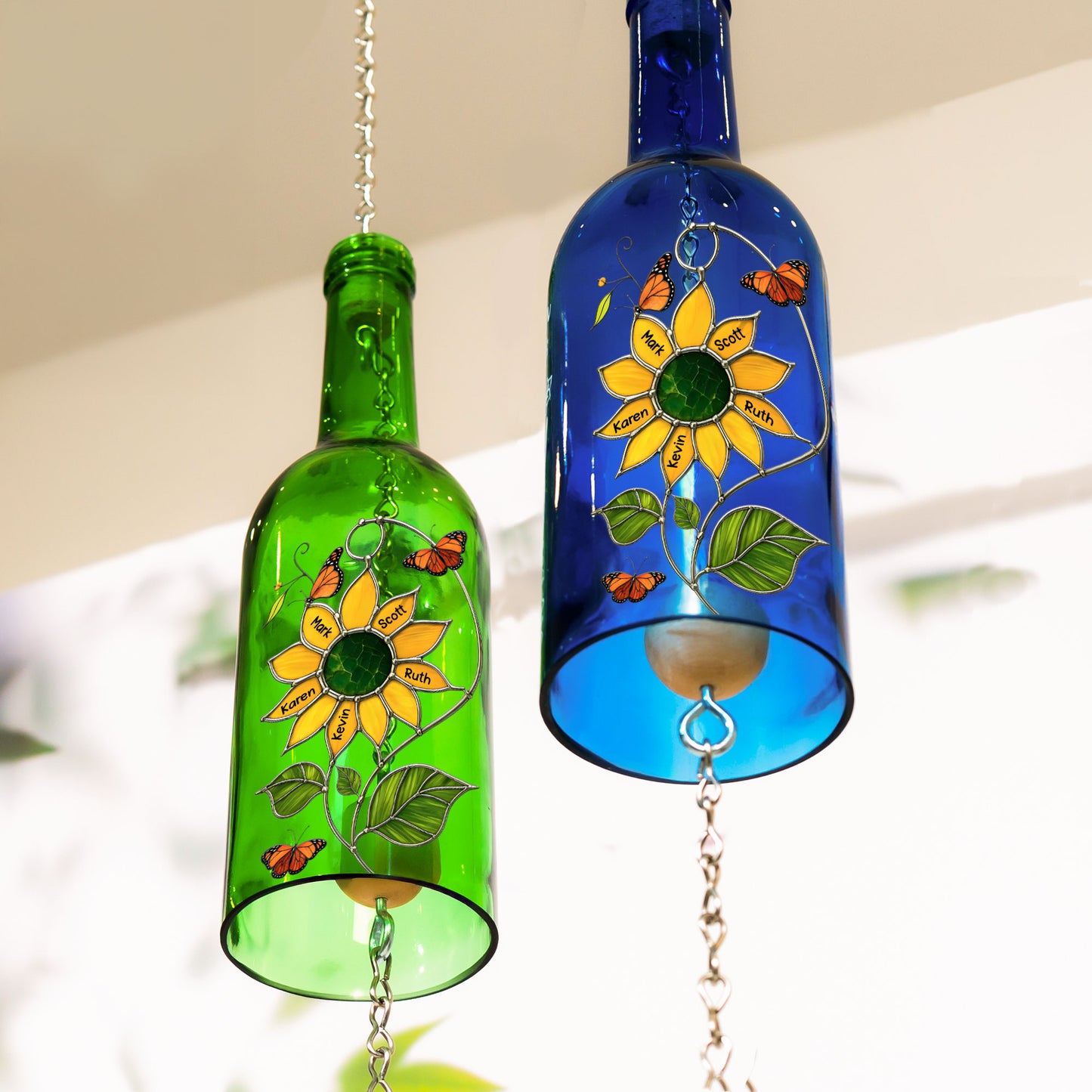 Nana You Are My Sunshine Kids Grandkids Names - Personalized Wine Bottle Wind Chime