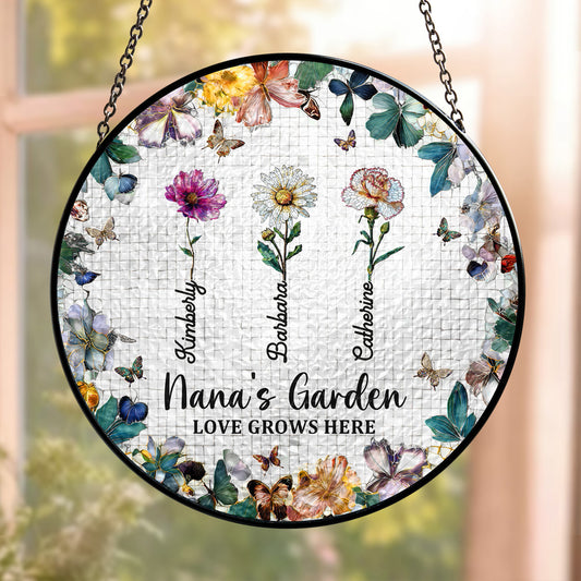 Nana's Garden Custom Names & Birth Flowers - Personalized Stained Glass Window Hanging Suncatcher