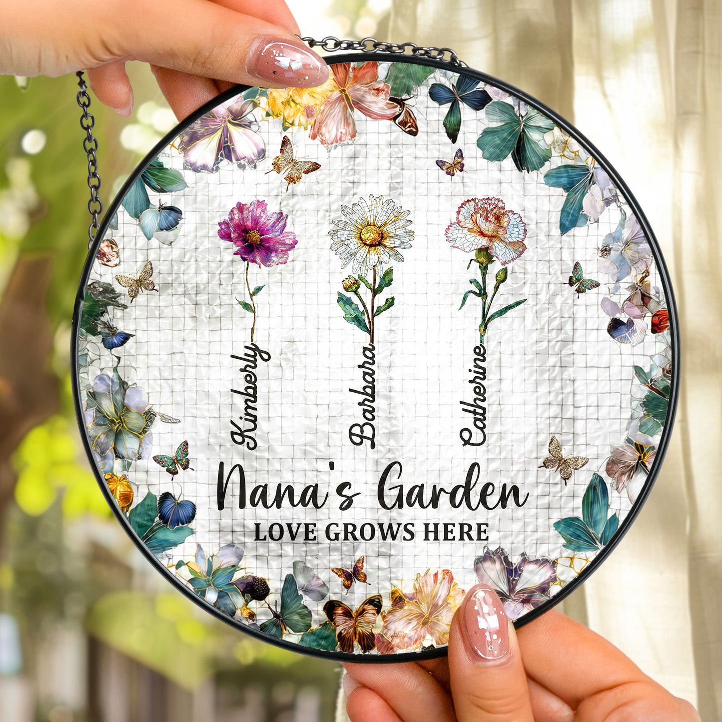 Nana's Garden Custom Names & Birth Flowers - Personalized Stained Glass Window Hanging Suncatcher