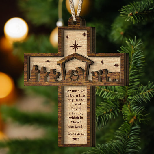 Nativity Cross Scripture Christmas Decoration - Wooden Ornament