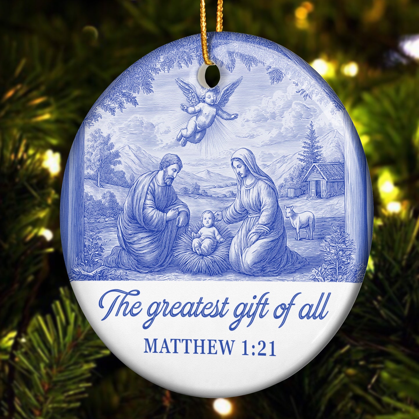 Nativity Scene Blue Toile De Jouy Christmas Holy Family - Ceramic Ornament