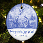 Nativity Scene Blue Toile De Jouy Christmas Holy Family - Ceramic Ornament