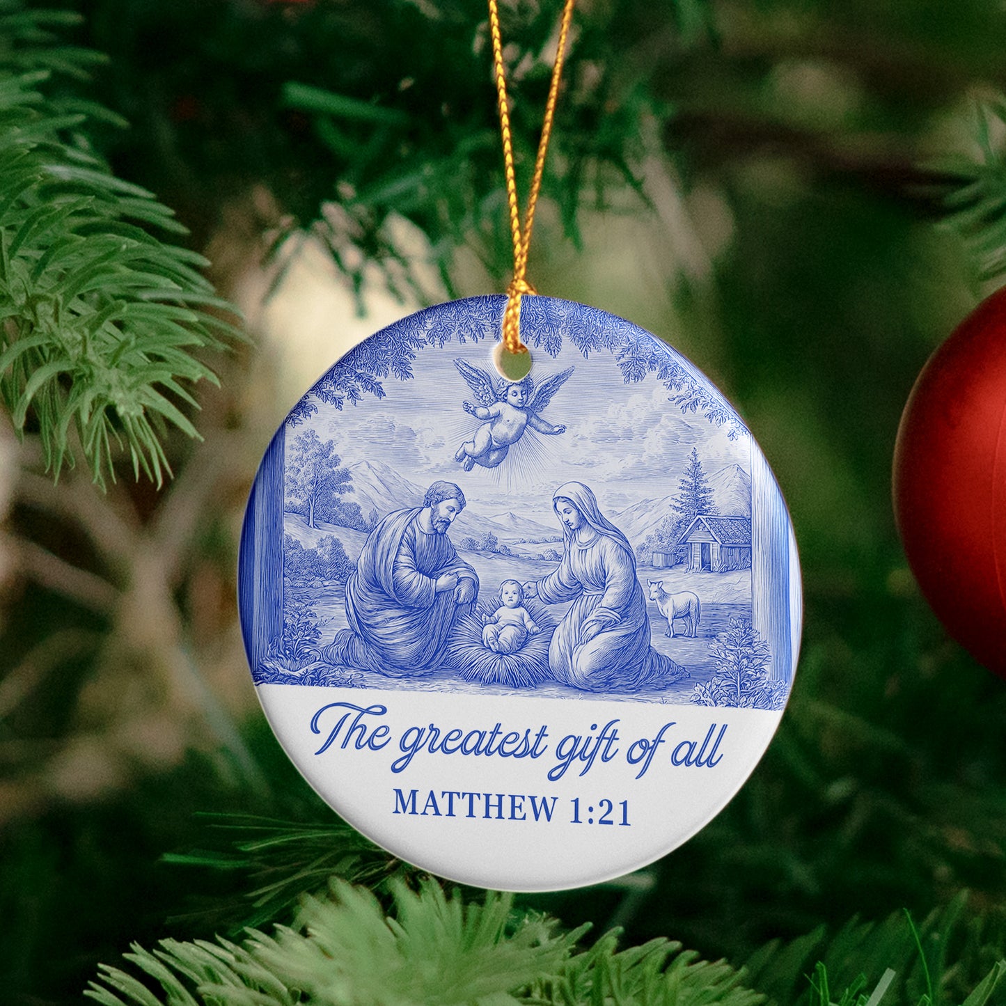 Nativity Scene Blue Toile De Jouy Christmas Holy Family - Ceramic Ornament
