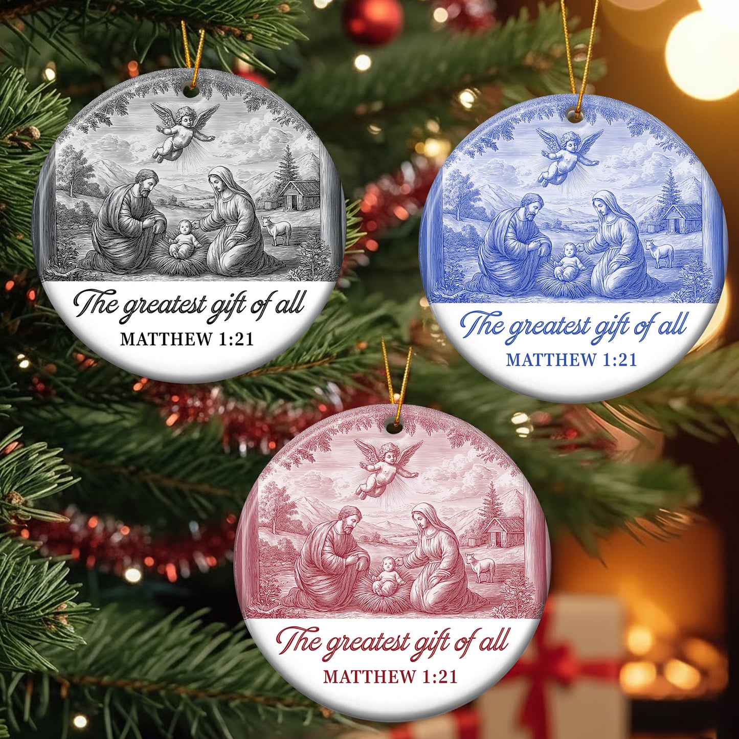 Nativity Scene Blue Toile De Jouy Christmas Holy Family - Ceramic Ornament