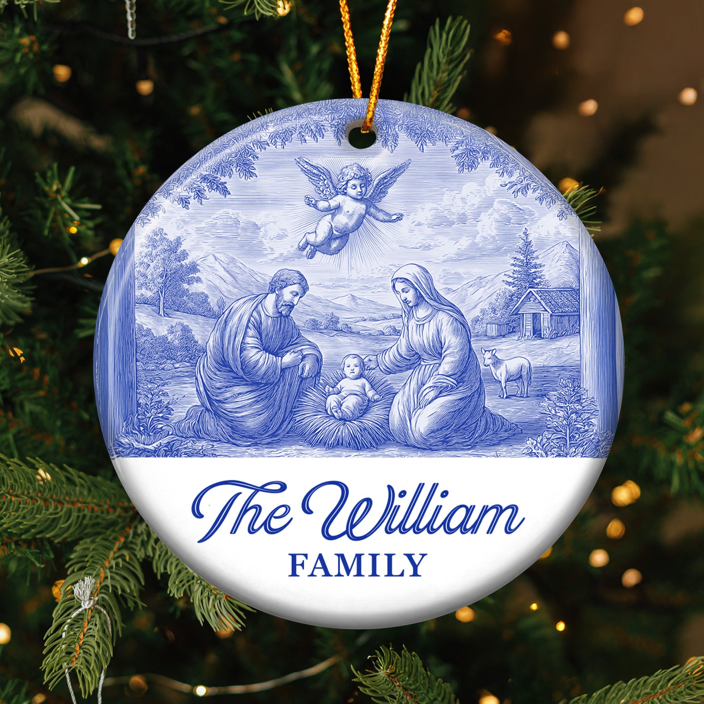 Nativity Scene Blue Toile De Jouy Christmas Holy Family - Personalized Ceramic Ornament