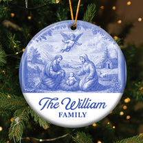 Nativity Scene Blue Toile De Jouy Christmas Holy Family - Personalized Ceramic Ornament