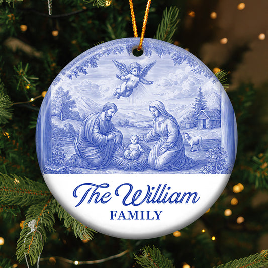 Nativity Scene Blue Toile De Jouy Christmas Holy Family - Personalized Ceramic Ornament