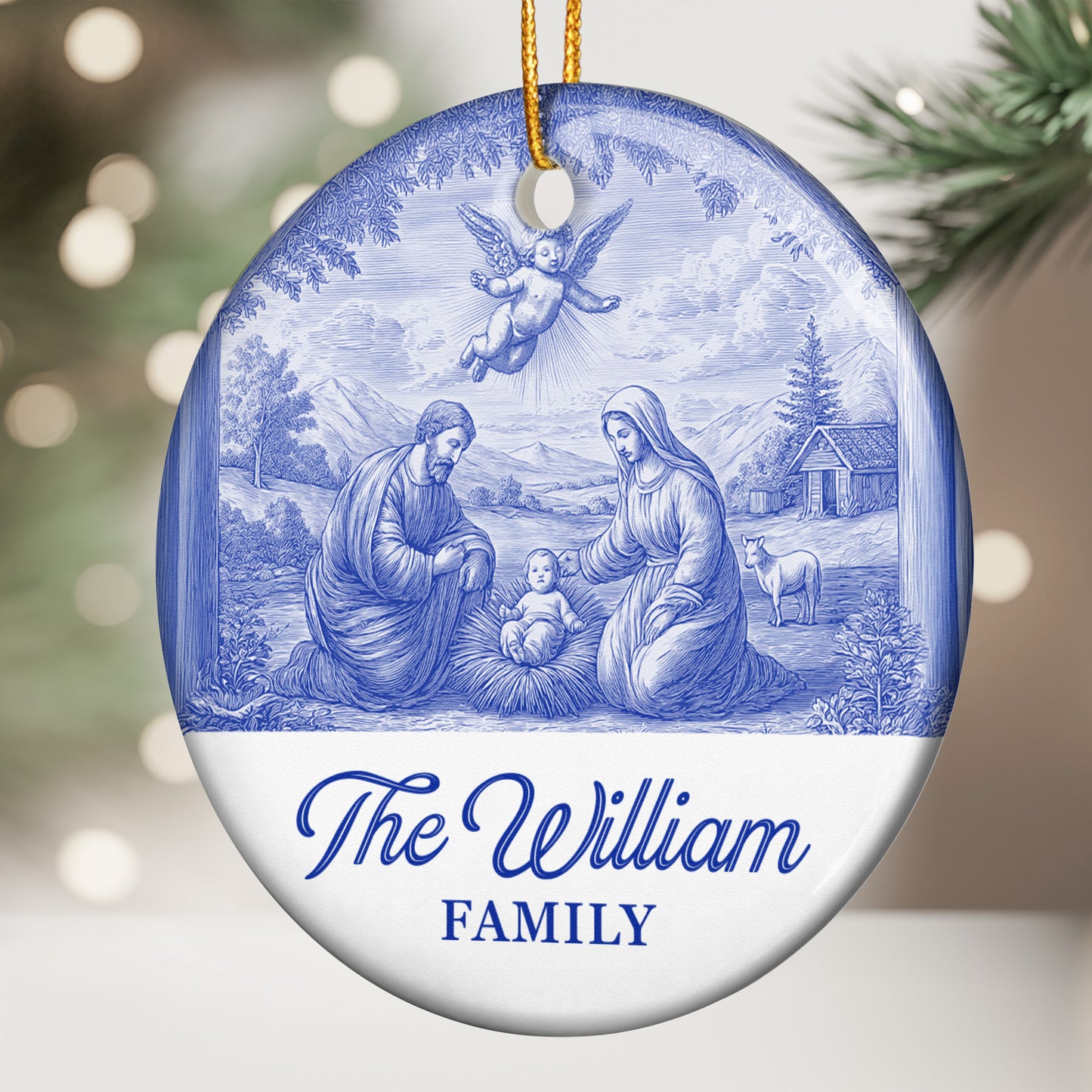 Nativity Scene Blue Toile De Jouy Christmas Holy Family - Personalized Ceramic Ornament