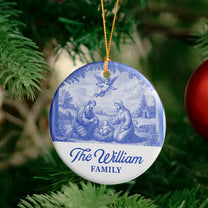 Nativity Scene Blue Toile De Jouy Christmas Holy Family - Personalized Ceramic Ornament