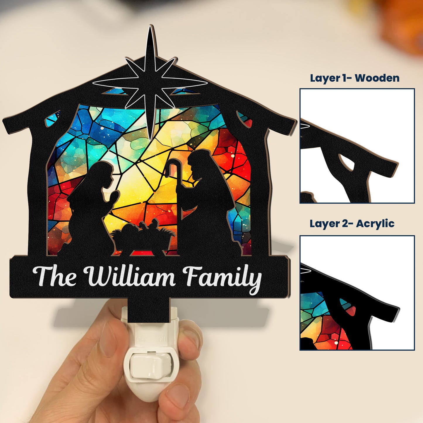 Nativity Scene Christmas Holy Family - Personalized Wood And Acrylic Night Light