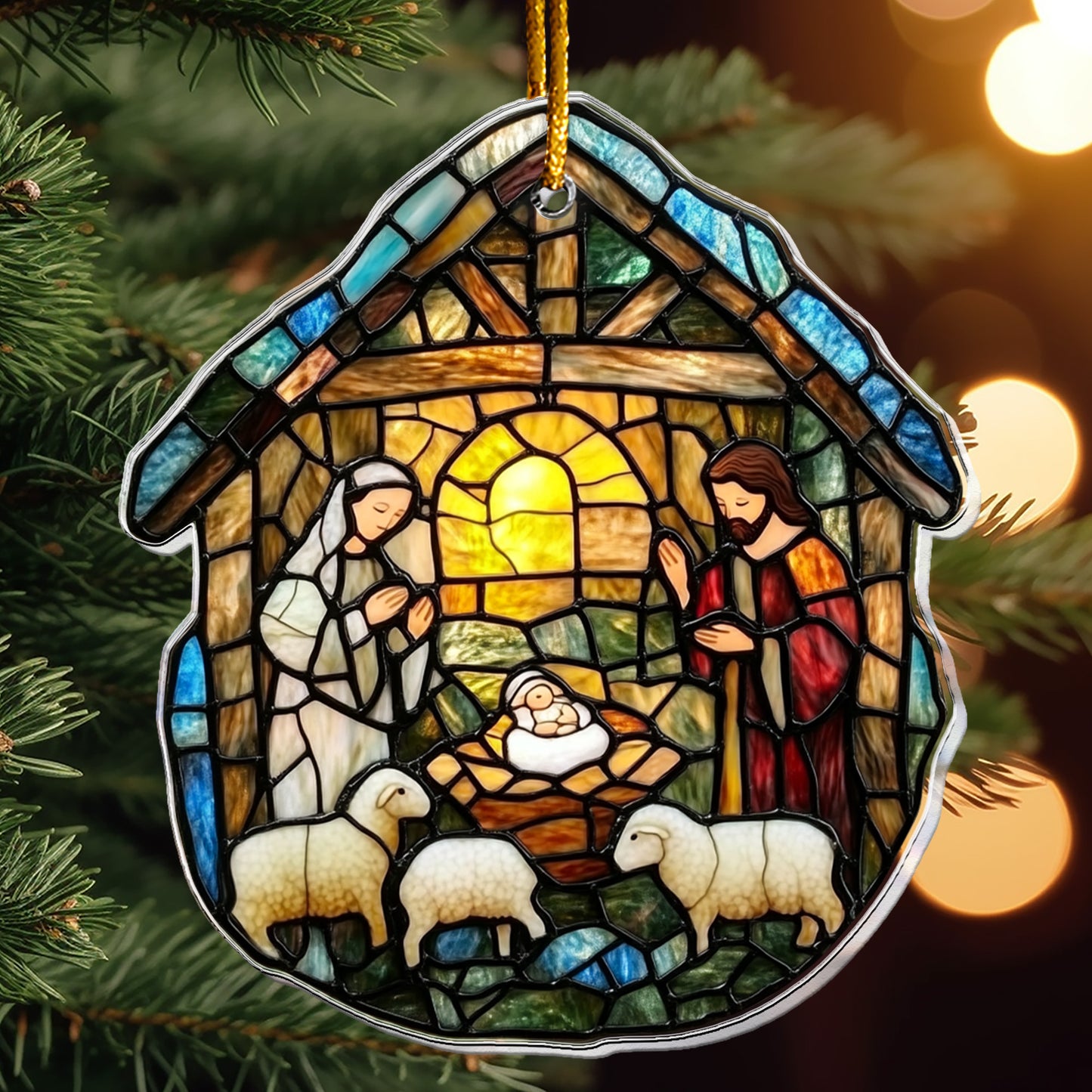 Nativity Scene Christmas Ornament Stained Glass Style - Personalized Acrylic Ornament