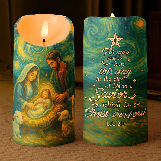 Nativity Scene Christmas Starry Night Van Gogh Style - Personalized LED Candle
