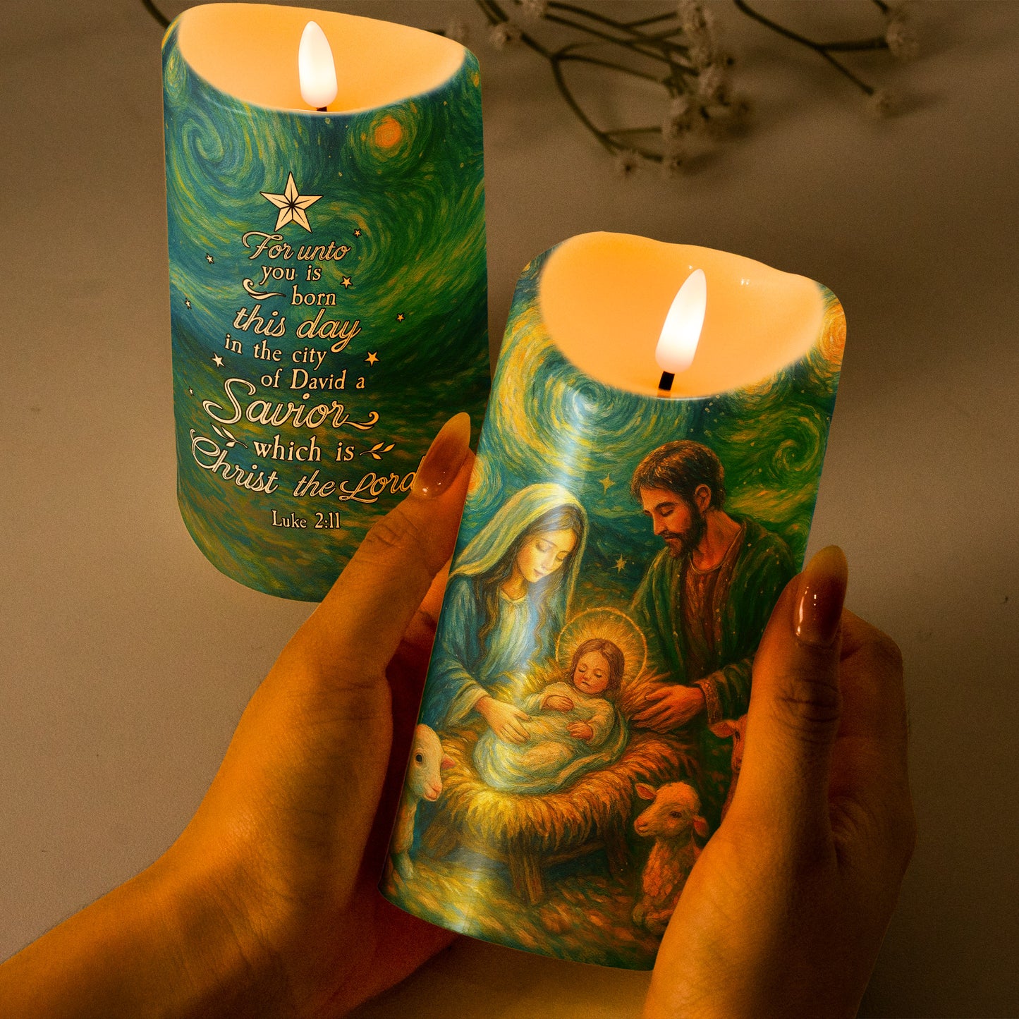 Nativity Scene Christmas Starry Night Van Gogh Style - Personalized LED Candle