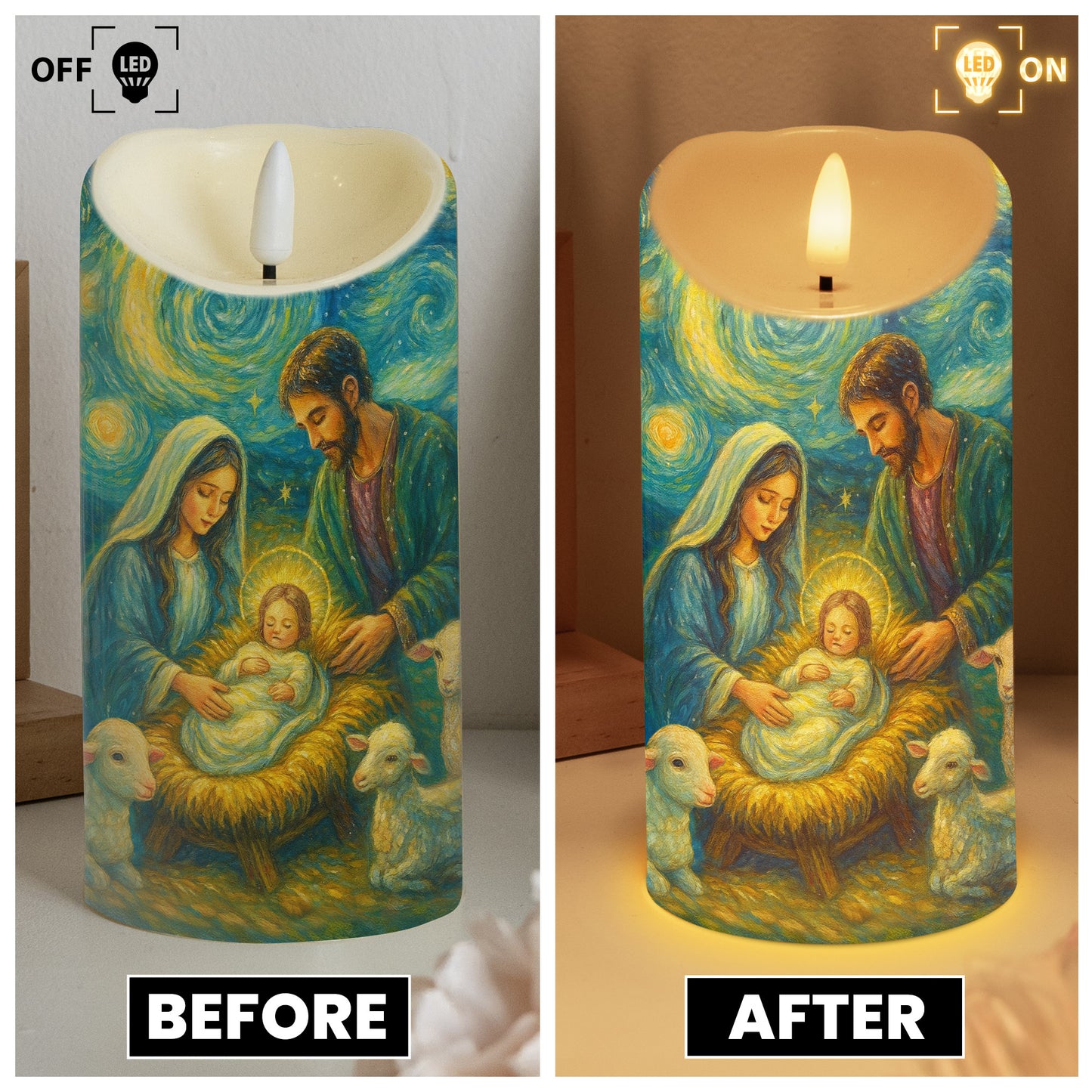 Nativity Scene Christmas Starry Night Van Gogh Style - Personalized LED Candle