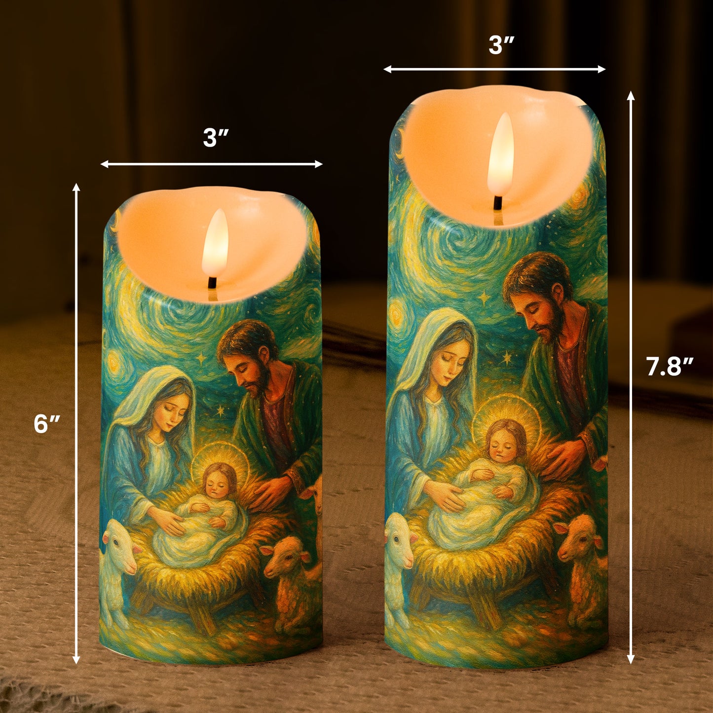 Nativity Scene Christmas Starry Night Van Gogh Style - Personalized LED Candle