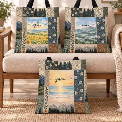 Nature Rustic Adventure Patchwork Style Gift For Her - Personalized Tote Bag