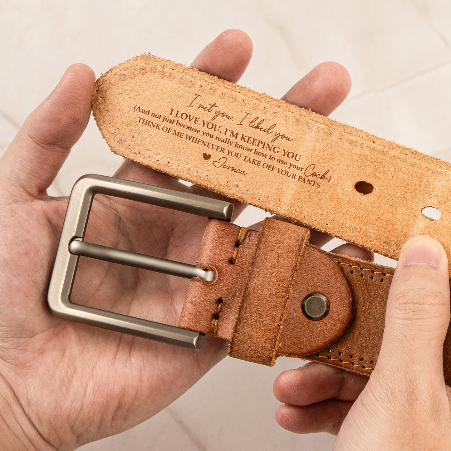 Naughty Gift For Husband, Boyfriend Customize With Hidden Message - Personalized Cowhide Belt