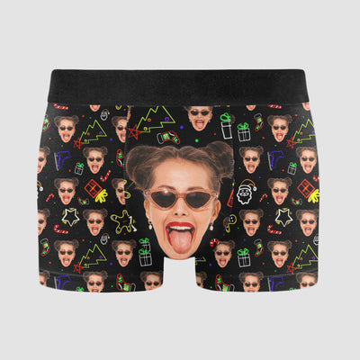 Neon Christmas Custom Face Funny - Personalized Photo Men's Boxer Briefs