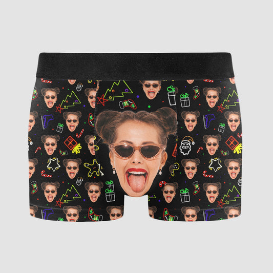 Neon Christmas Custom Face Funny - Personalized Photo Men's Boxer Briefs
