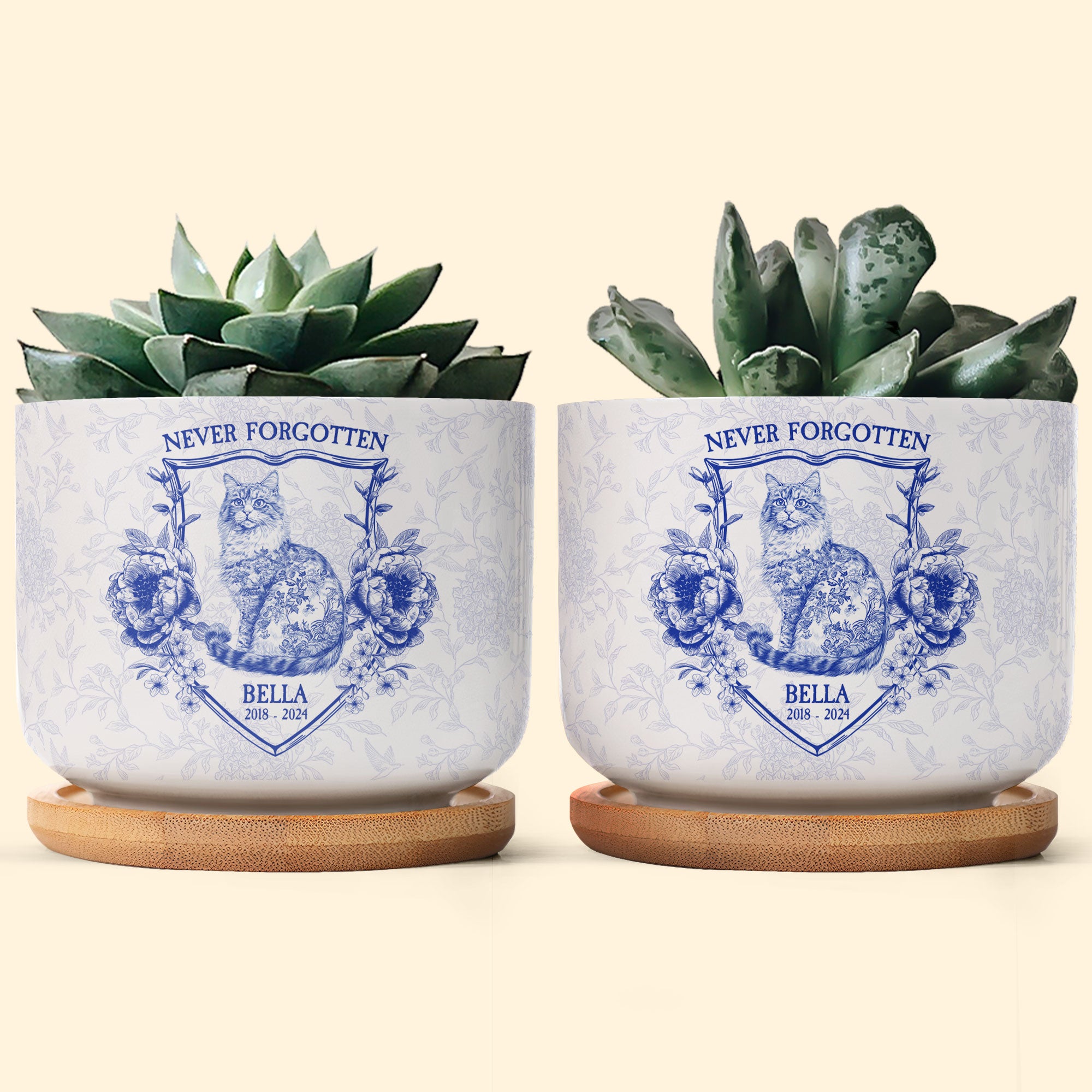 Never Forgotten Cat Toile De Jouy Style - Personalized Ceramic Plant Pot With Tray