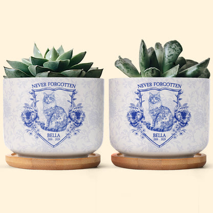 Never Forgotten Cat Toile De Jouy Style - Personalized Ceramic Plant Pot With Tray