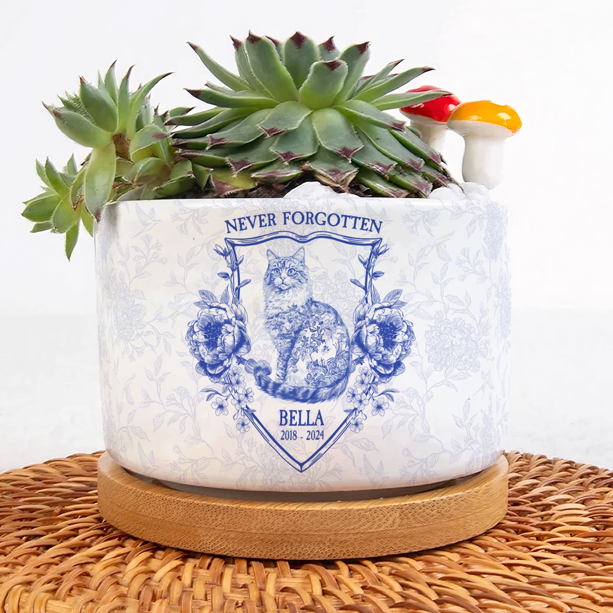 Never Forgotten Cat Toile De Jouy Style - Personalized Ceramic Plant Pot With Tray