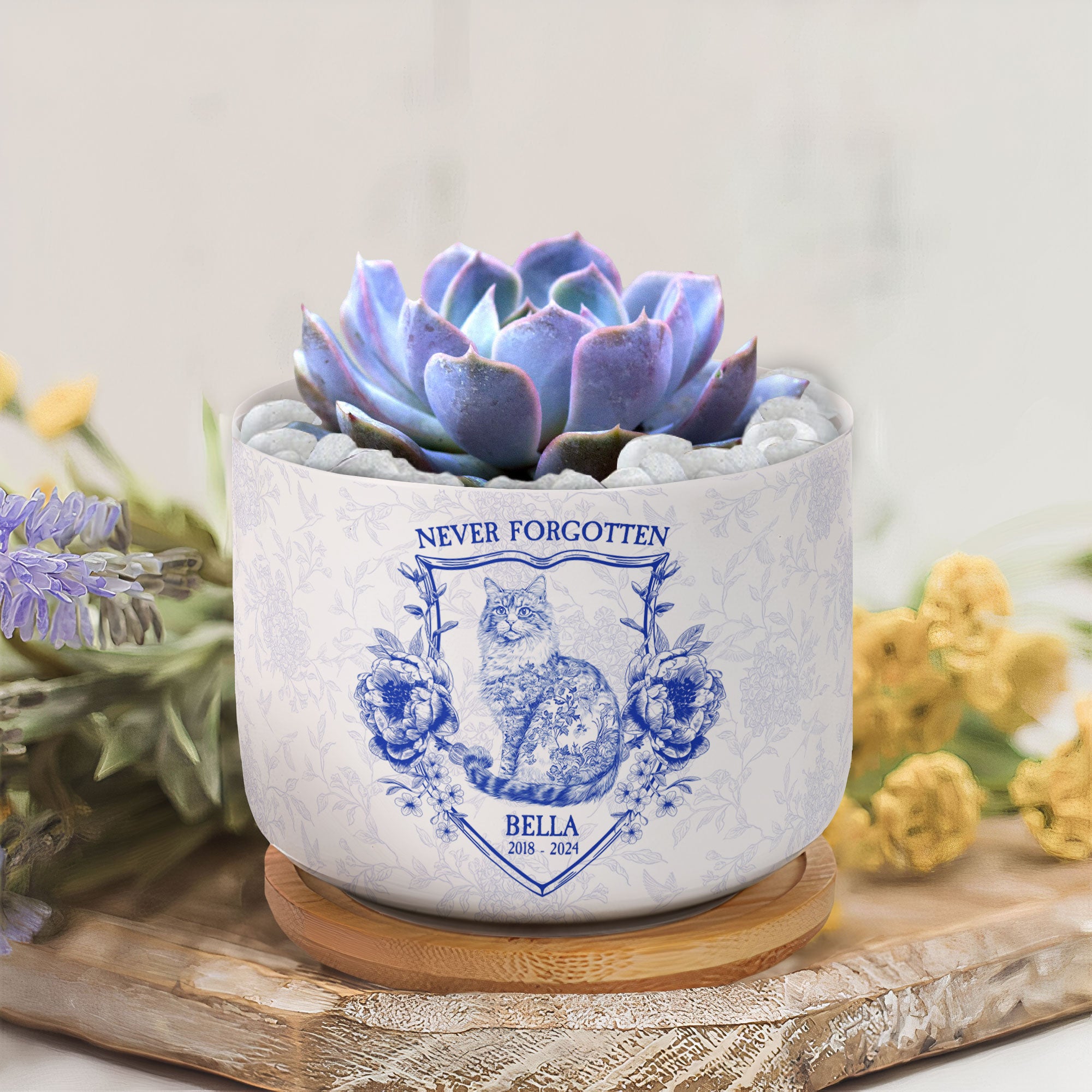 Never Forgotten Cat Toile De Jouy Style - Personalized Ceramic Plant Pot With Tray