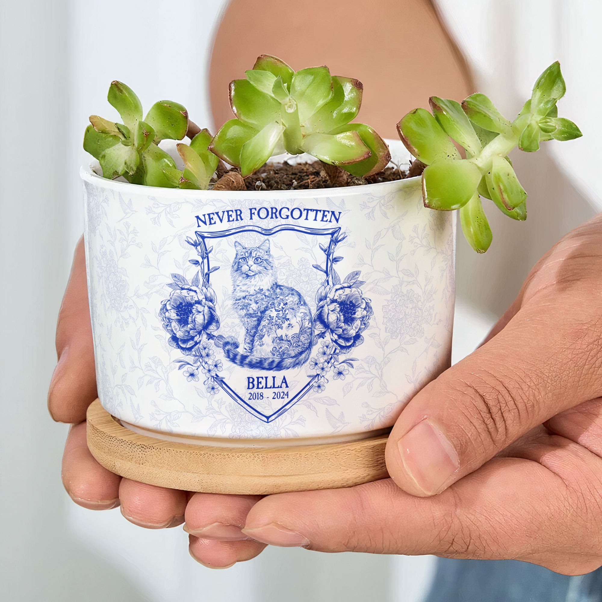 Never Forgotten Cat Toile De Jouy Style - Personalized Ceramic Plant Pot With Tray