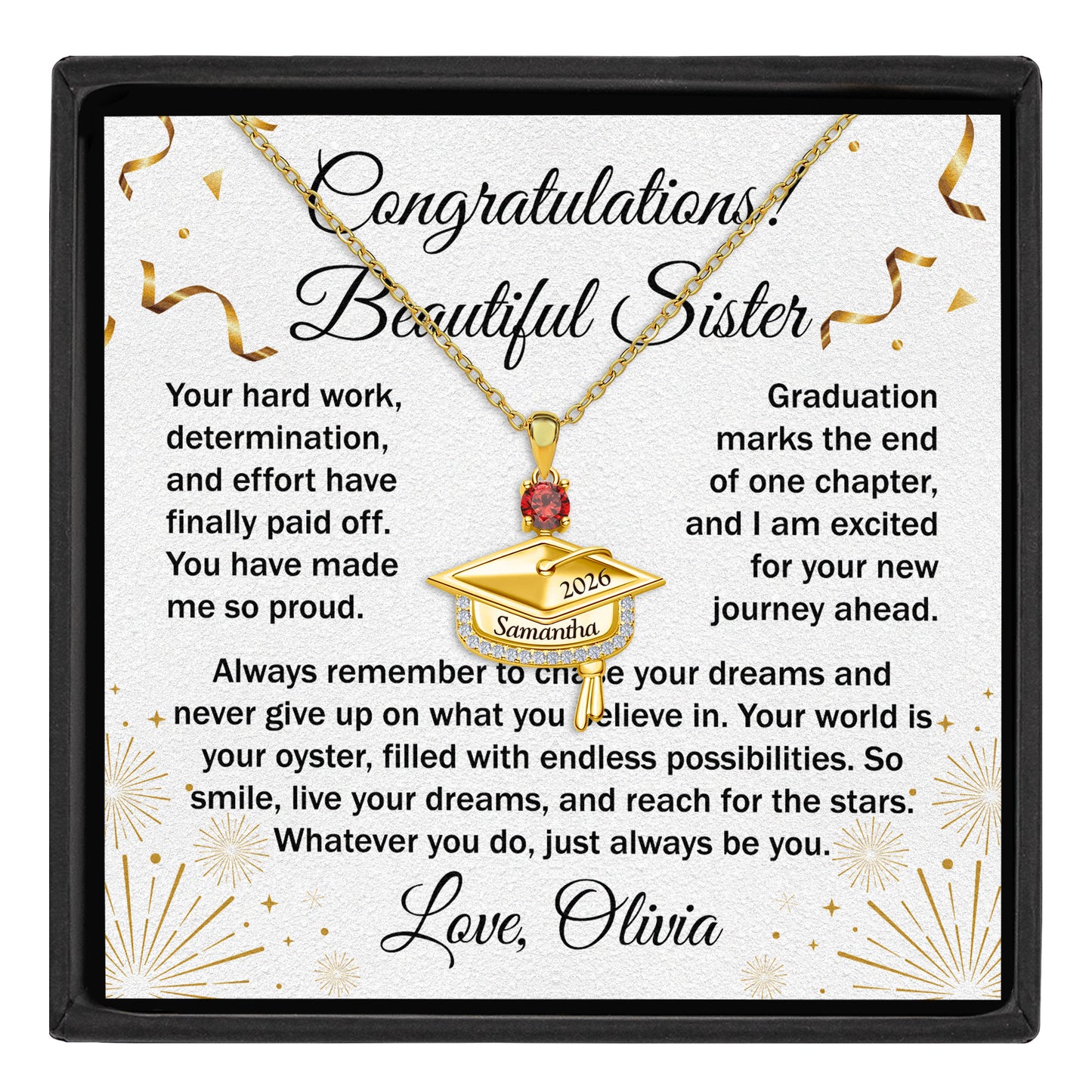 Never Give Up - Personalized Graduation Cap Pendant Necklace With Birthstone