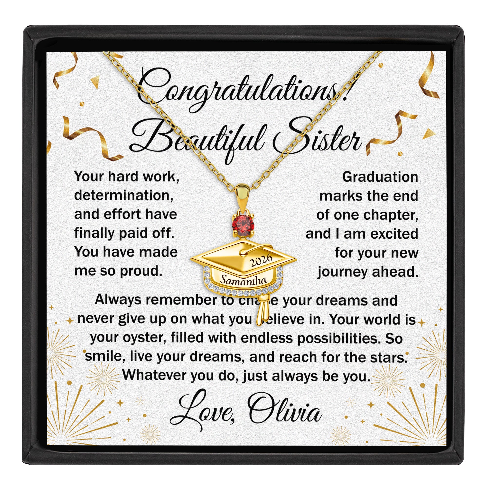 Never Give Up - Personalized Graduation Cap Pendant Necklace With Birthstone