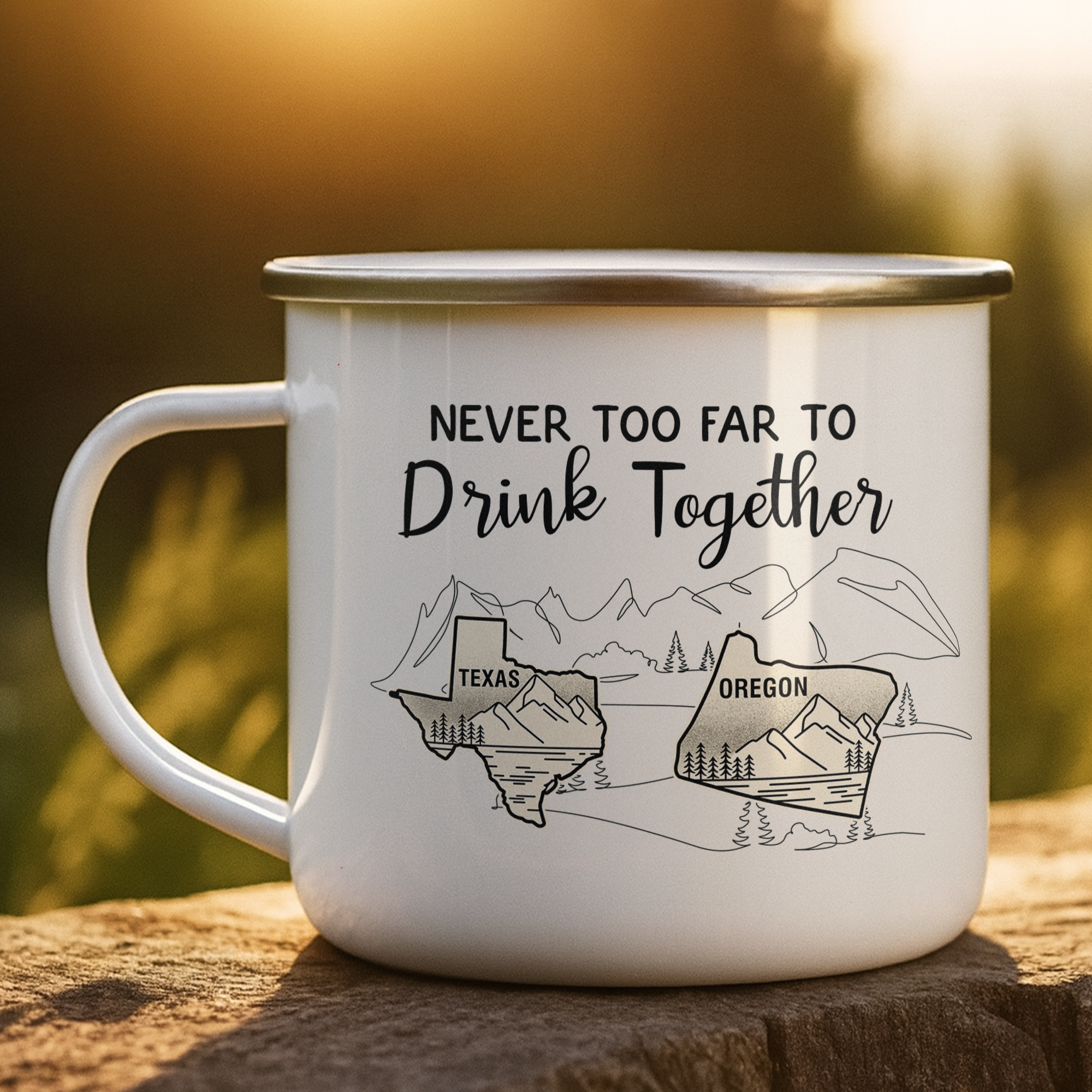 Never Too Far To Drink Together Crew Gift For Friends - Personalized Enamel Mug