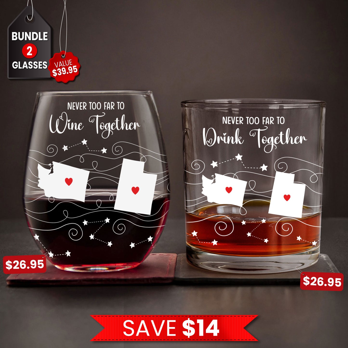 Never Too Far To Drink Together Custom State To State - Personalized Whiskey Glass And Wine Glass Set