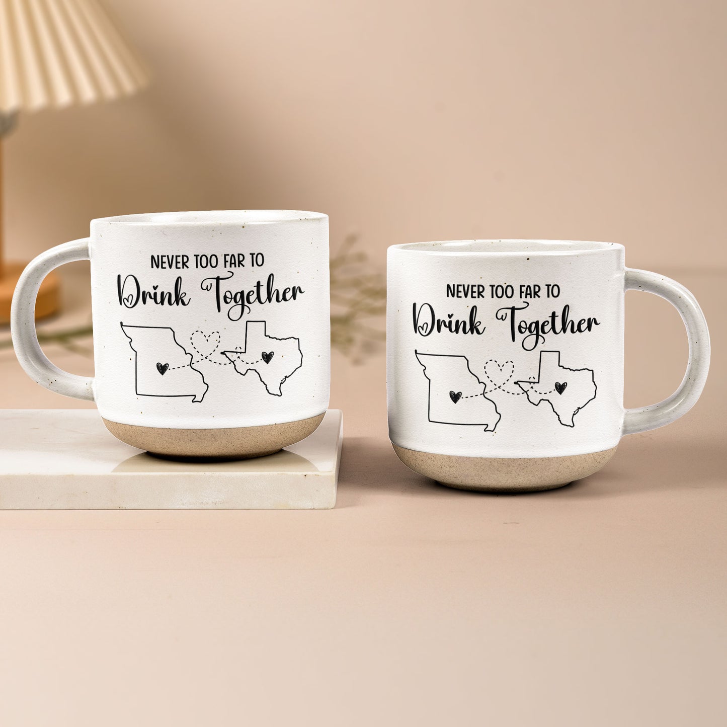 Never Too Far To Drink Together - Long Distance Gifts For Family, Mom Daughter, Couples, Friends - Personalized Pottery Mug