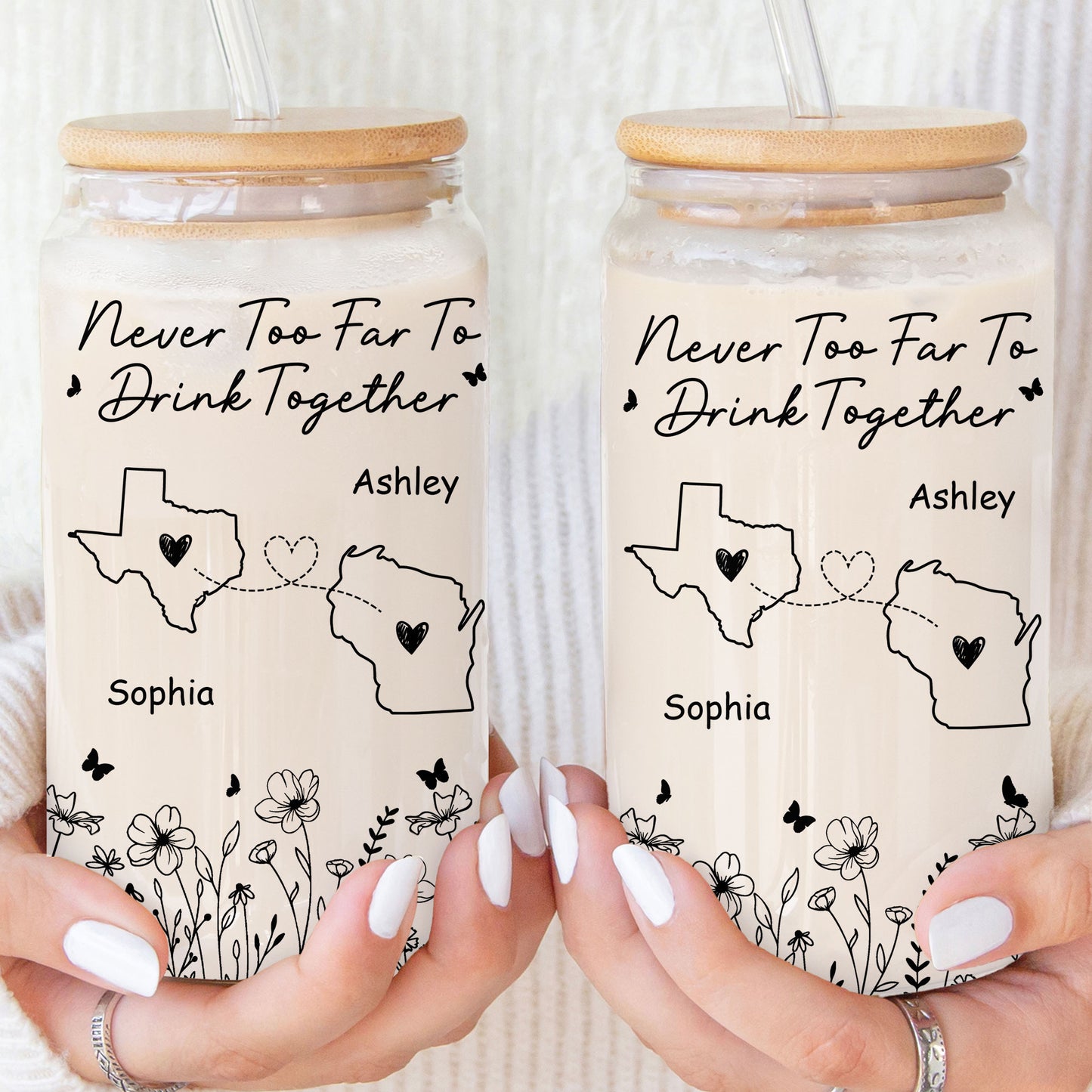 Never Too Far To Drink Together - Personalized Clear Glass Cup