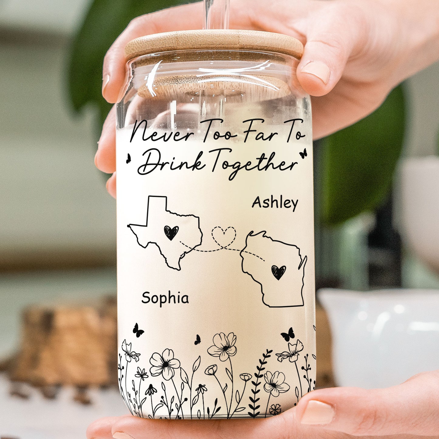 Never Too Far To Drink Together - Personalized Clear Glass Cup